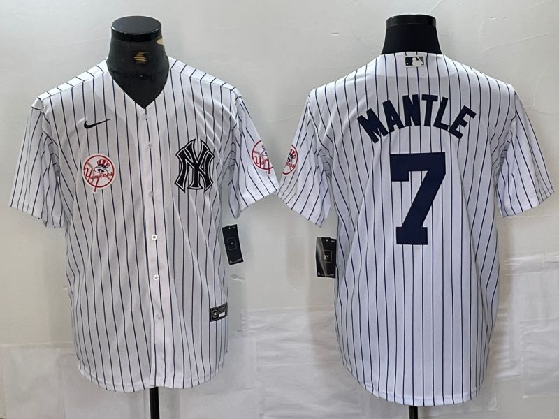 Men New York Yankees 7 Mantle White Stripe Second generation joint name Nike 2024 MLB Jersey style 3